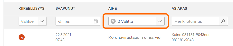 Jos olet valinnut useita vaihtoehtoja, hakukentässä näytetään valittujen vaihtoehtojen määrä.