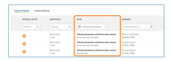 Työjonolla kutsuun tulleita vastauksia voi suodattaa aiheen mukaan