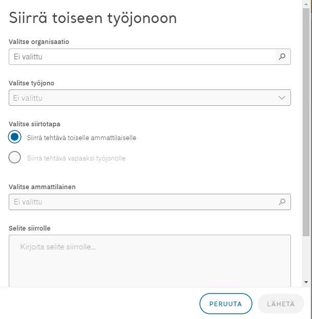 Siirrä tehtävä toiseen työjonoon toiselle ammattilaiselle
