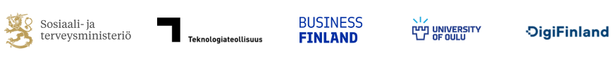 Digital Health Finland -verkoston yhteistyökumppanien logot: sosiaali- ja terveysministeriö, Teknologiateollisuus, Business Finland, Oulun yliopisto ja DigiFinland